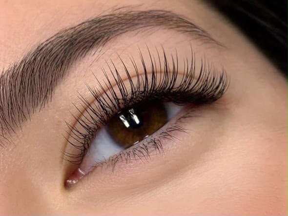 Soft, fanned lash extensions &mdash; feathery length on a brown eye